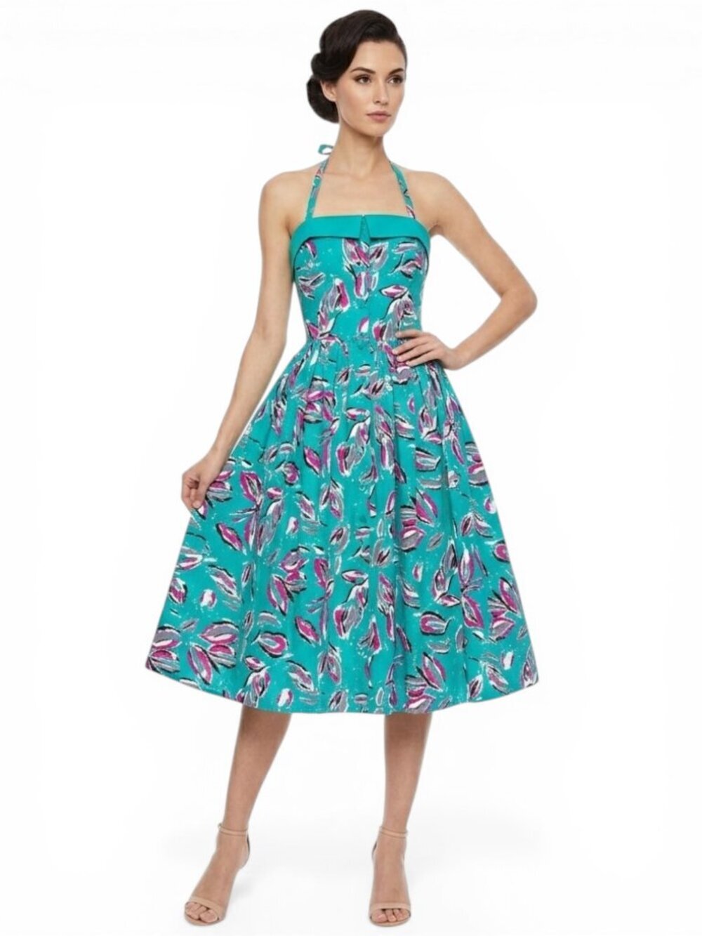 Laura Ashley Vintage Turquoise Pink Floral Halter Button Front Dress 14 = 4 / 6